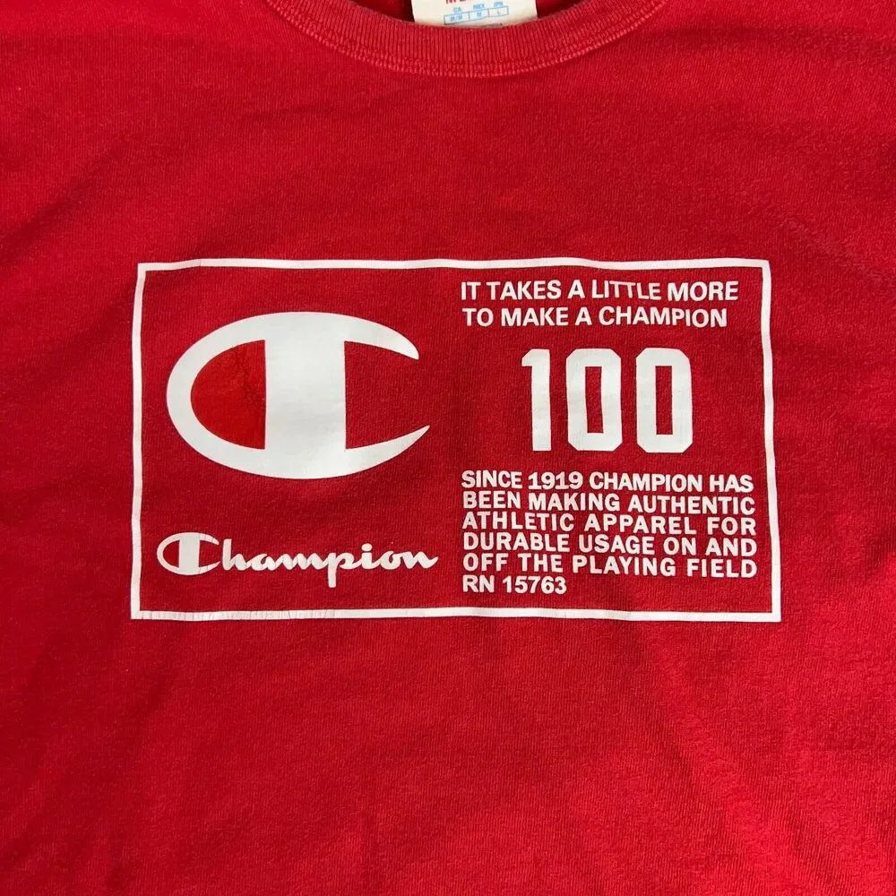 Champion Mens Shirt Medium Red‎ Logo Tee T100 Anniversary Sports Logo Everyday - Picture 2 of 9